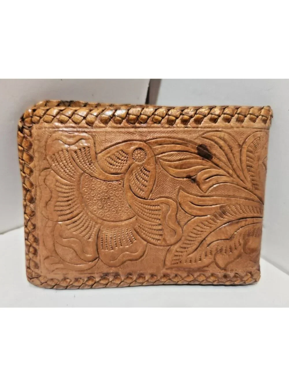 Wallet Bi Fold Hand Tooled Leather Embossed Aztec Stamped Mexico Brown